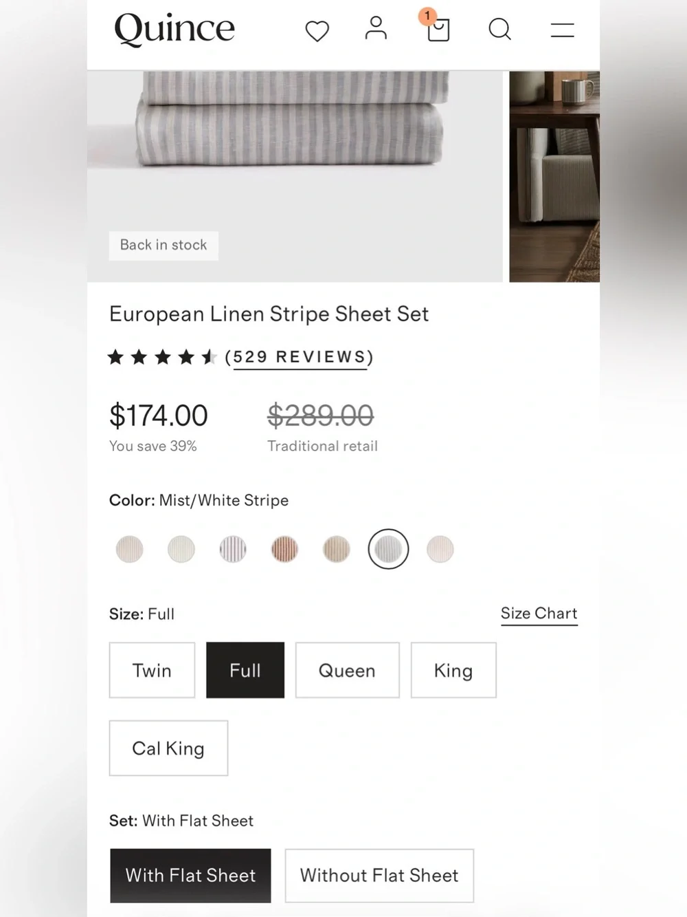 European Linen Stripe Sheet Set - Full Size Mist/White Stripe